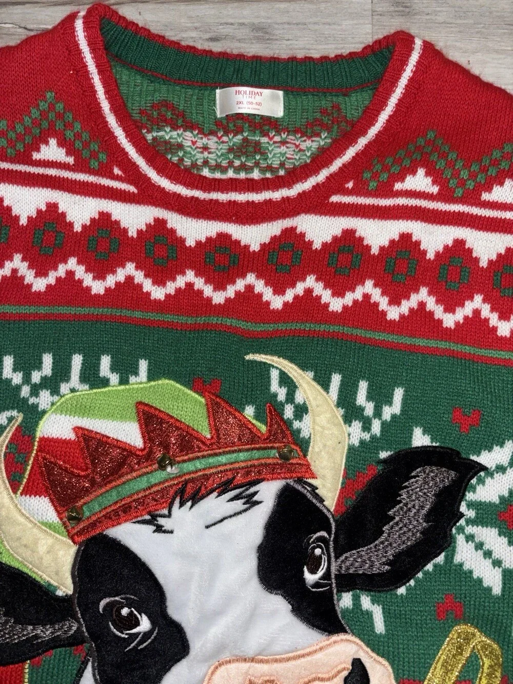 Holiday Time Men's 2XL Fair Isle Christmas Cow Crew Neck Pullover Sweater